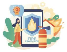 minúsculo mulher com fogo prevenção Smartphone aplicativo. fogo proteção conceito. fogo alarme on-line. bombeiros salvador. moderno plano desenho animado estilo. vetor ilustração em branco fundo