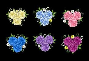 rosas flores folhas festão com ciano azul, bege, Rosa e roxa cor definir. floral mão desenhado para buquês, grinaldas, arranjos, Casamento convites, aniversário, aniversário, cartões postais, saudações vetor