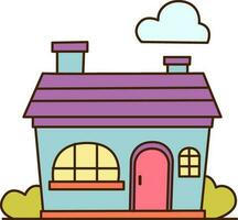 vetor desenho animado azul casa com grande janela e dois chaminés ícone. vetor pequeno casa com roxa cobertura e nuvem dentro a céu ícone.