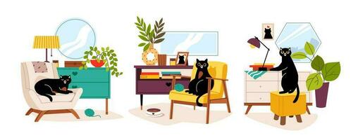 acolhedor interior do uma quarto com gatos. confortável apartamento com animais de estimação e em vaso plantas. plano moderno vetor ilustração.