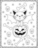 dia das Bruxas coloração páginas, dia das bruxas gato coloração Páginas para crianças, dia das Bruxas ilustração, dia das Bruxas vetor, Preto e branco, gato ilustração vetor