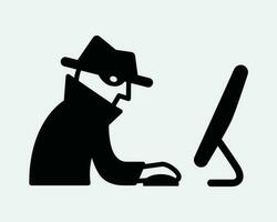 hacker ícone. crime Criminoso hacking hackear ladrao rede cyber segurança espião roubar. Preto branco placa símbolo ilustração obra de arte gráfico clipart eps vetor