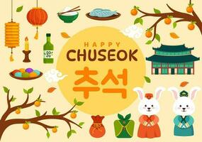feliz chuseok dia vetor ilustração do coreano Ação de graças evento com colheita festival comemoro em outono noite fundo mão desenhado modelos