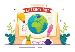 internacional alfabetização dia vetor ilustração em 8ª setembro com livro e educacional equipamento dentro Educação feriado desenho animado mão desenhado modelos