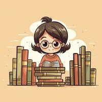 vetor do uma menina sentado em uma pilha do livros