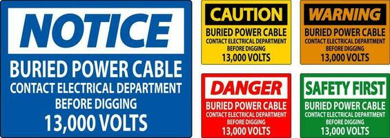 Perigo placa enterrado poder cabo contato elétrico departamento antes escavação 13.000 volts vetor