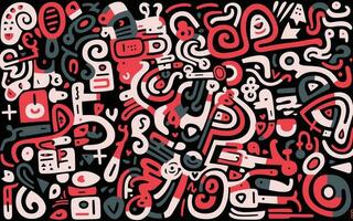 ampla branco e vermelho abstrato padrão, dentro a estilo do tipo desenho animado figuras, Preto fundo, mesoamericano influências, ondulado linha estilo, simplista personagens, tipo grafite letras vetor