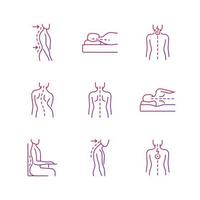 costas e problemas de postura conjunto de ícones do vetor linear gradiente. lordose lombar. posição de dormir incorreta. dor de pescoço. feixe de símbolos de contorno de linha fina. coleção de ilustrações de contorno vetorial isolado