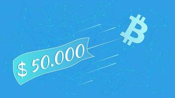 bitcoin btc moscas com adesivo 50000 dólares em azul abstrato poligonal fundo. vetor ilustração para notícias.