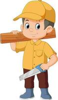uma jovem carpinteiro segurando Serra e madeira vetor