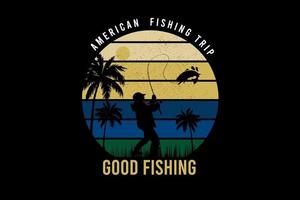 viagem de pesca americana boa pesca cor laranja, amarelo e verde vetor