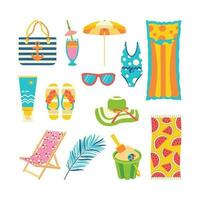 de praia conjunto para verão viagens. Sol creme, bolsa, chapéu, oculos de sol, guarda-chuva, toalha, roupa de banho, espreguiçadeira, sandálias de dedo. vetor