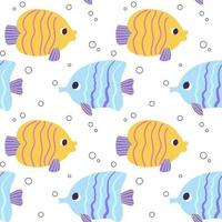 colorida desatado padronizar com oceano amarelo azul triangular peixe e bolhas dentro plano mão desenhado estilo. para projeto, têxtil, fundo vetor