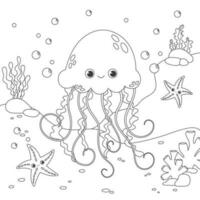 fofa medusa coloração página. crianças coloração livro com medusa, estrela do Mar, coral, bolhas. simples engraçado crianças desenho. Preto linhas, esboço em uma branco fundo. vetor estoque ilustração. vida.
