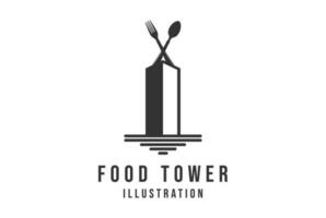 cidade Cidade construção torre com cruzado colher e garfo para cafeteria restaurante Comida ícone ilustração vetor