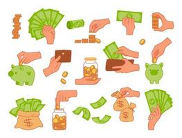 conjunto do mãos com papel dinheiro e moedas. dinheiro dentro mão, dinheiro dentro carteira, moedas dentro porquinho banco. vetor plano ilustração