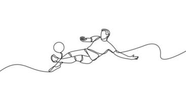 futebol jogador chutes a bola dentro contínuo linha desenhando estilo. minimalista Preto linear esboço em uma branco fundo. futebol vetor ilustração