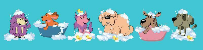a fofa cachorro dentro uma bolhas banho dentro uma plano estilo. asseio. animal Cuidado ilustração para contente, rótulo, bandeira, gráfico e cumprimento cartão vetor
