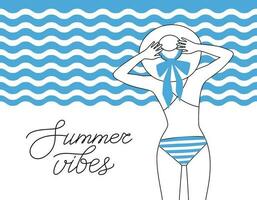 verão vibrações. bandeira com uma jovem mulher dentro uma bikini e uma chapéu. vetor linear ilustração