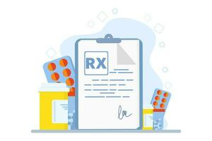 remédio e farmacia conceito, assistência médica, conectados prescrição, doença terapia pílulas, analgésicos. médico escrevendo assinatura. médico prescrição rx. vetor ilustração dentro plano Projeto