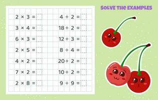 resolver a exemplos. divisão e multiplicação. matemático enigma jogo. planilha para escola crianças. vetor ilustração. desenho animado educacional jogos com cerejas para crianças.