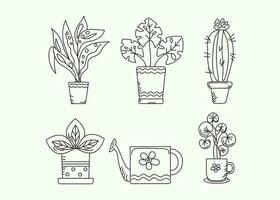 casa plantas dentro potes. em vaso plantar, conjunto do ícones. casa, flores casa plantar rabisco desenhos. contorno desenho, esboço. vetor gráficos, fundo branco isolado.