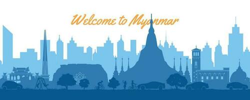 myanmar famoso ponto de referência dentro paisagem urbana cena silhueta estilo frente do torres vetor