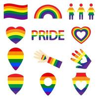 Conjunto de ícones de cores LGBT gay, lésbica, arco-íris, coração, localização do mapa, amor livre, bandeira, mão, apoio, pare a homofobia, direitos LGBT, dia do orgulho. ilustração vetorial moderna vetor