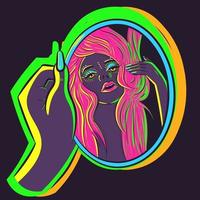 arte vetorial de uma mulher de cabelo rosa, segurando um espelho e jogando o cabelo com a mão. ilustração de uma garota fabulosa sob luzes de néon, admirando-se no reflexo. vetor