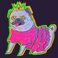 pug neon fofo em um vestido tutu rosa usando uma coroa. arte vetorial de um animal fantasiado sob luzes brilhantes uv. cachorrinho adorável sentado e mostrando a língua vetor