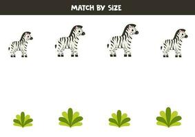 Coincidindo jogos para pré escola crianças. Combine fofa zebras e verde arbustos de tamanho. vetor