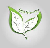 eco amigáveis verde logotipo em uma branco fundo com verde folhas dentro papel cortar estilo. a conceito do verde ecologia, limpar \ limpo ecologia, de Meio Ambiente simpatia do produtos, eco amigáveis vetor