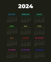 calendário 2024, semana começa em Domingo, branco texto em Preto fundo, cor escrevendo mês, modelo, vetor. vetor