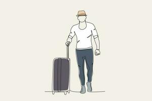 cor ilustração do uma turista carregando uma mala de viagem vetor
