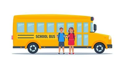 crianças perto amarelo clássico escola ônibus. costas para escola conceito. vetor ilustração.