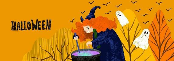 bandeira para dia das Bruxas com bruxa cozinhando a poção dentro a caldeirão, floresta, fantasmas em laranja fundo. mão desenhado ilustração vetor