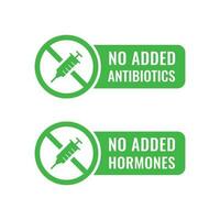 não adicionado antibiótico ícone. não adicionado hormônio ícone. Comida sem hormônios e antibiótico verde placa. vetor