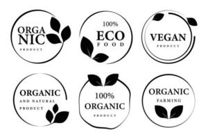 alimentos orgânicos, alimentos naturais, alimentos saudáveis e logotipos de produtos orgânicos ou naturais, coleção de ícones, crachás e adesivos para o mercado de alimentos e bebidas, comércio eletrônico, produtos orgânicos, promoção de produtos naturais. vetor