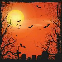 dia das Bruxas cartão modelo com cheio lua, assustador castelo, abóboras e morcegos. vetor