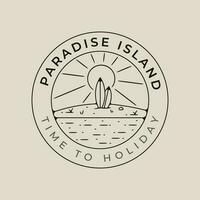 paraíso ilha de praia linha arte logotipo vetor com emblema modelo ilustração Projeto com Palma árvore e Sol rebentar ícone Projeto.