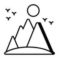 uma único Projeto ícone do montanhas com Sol exibindo colinas clima vetor
