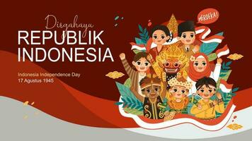 Indonésia independência dia horizontal bandeira com conjunto do indonésio personagem comemoro cabana ri vetor