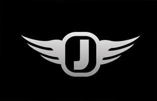 logotipo da letra do alfabeto j para negócios e empresa com asas e cor cinza preto e branco. ícone corporativo de brading e lettering com design simples vetor
