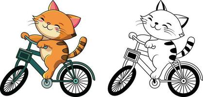 fofa gato equitação uma bicicleta desenho animado vetor ilustração, feliz gato em uma empurrar bicicleta colori e Preto e branco vetor imagem