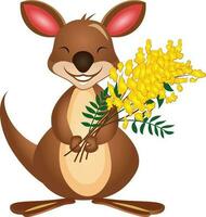 feliz canguru segurando uma grupo do dourado vime flores vetor ilustração, Austrália nacional flor e a animal desenho animado vetor imagem