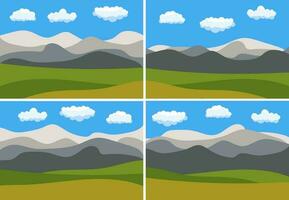 conjunto do quatro imagens com natural desenho animado paisagens dentro a plano estilo com azul céu, nuvens, colinas e montanhas. vetor ilustração