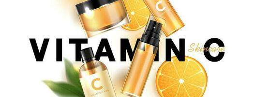 cosméticos Vitamina c ou pele Cuidado produtos Publicidades com garrafa, realista pacote brincar. bandeira de Anúncios para beleza produtos e laranja fundo. vetor Projeto.