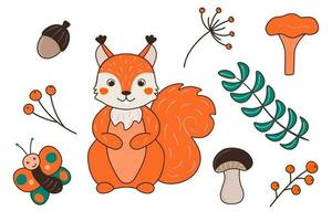 vetor ilustração com fofa esquilo, borboleta, galhos, outono folhas e cogumelos dentro desenho animado estilo. floresta animais e plantas.