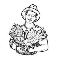 agricultor segurando uma cesta do legumes dentro dele mãos mão desenhado esboço.agricultura.vetor ilustração. vetor
