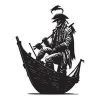 pirata em enviar, capitão em barco Preto esboço vetor ilustração.